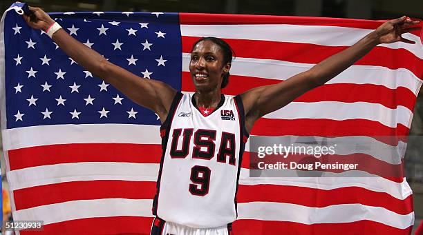 Lisa Leslie of the United States celebrates winning gold 74 - 63 over Australia in the women's basketball gold medal match on August 28, 2004 during...