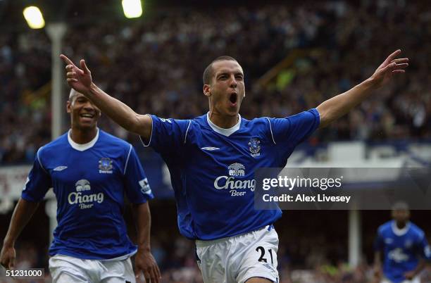 Leon Osman of Everton celebrates after scoring the second goal during the Barclays Premiership match between Everton and West Bromwich Albion at...