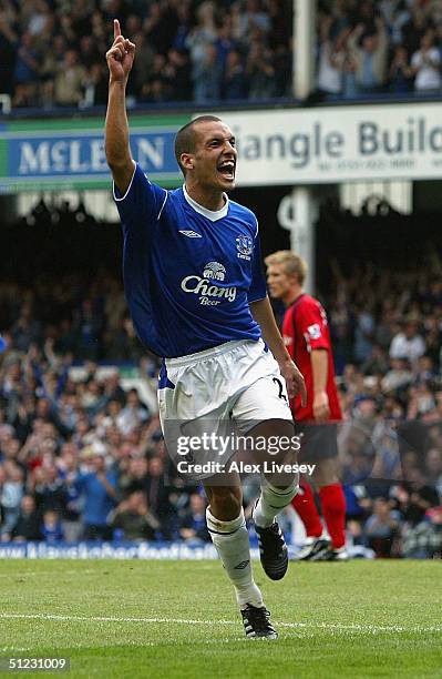 Leon Osman of Everton celebrates after scoring the second goal during the Barclays Premiership match between Everton and West Bromwich Albion at...