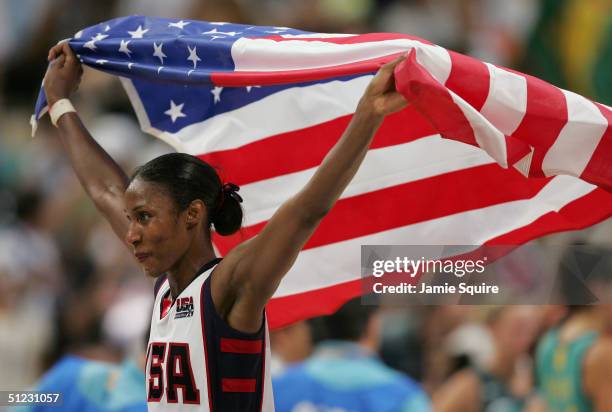 Lisa Leslie of the United States team celebrates winning the gold in the women's basketball gold medal match 74 -63 over Australia on August 28, 2004...