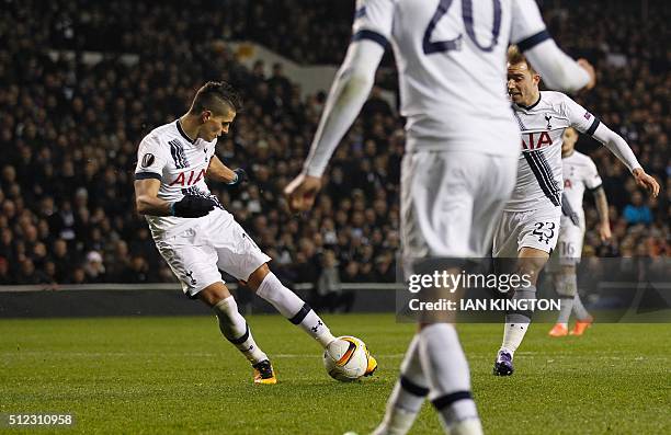 Tottenham Hotspur's Argentinian midfielder Erik Lamela scores his team's second goalduring the UEFA Europa League round of 32, second leg football...