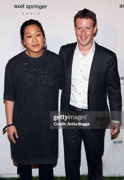 Marc Zuckerberg and his wife Priscilla Chan Zuckerberg arrive to the Axel Springer award ceremony on February 25, 2016 in Berlin, Germany.