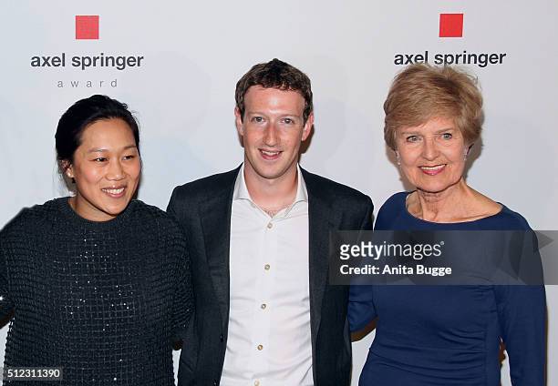 Marc Zuckerberg and his wife Priscilla Chan Zuckerberg with Friede Springer arrive to the Axel Springer Award ceremony on February 25, 2016 in...