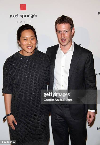 Marc Zuckerberg and his wife Priscilla Chan Zuckerberg arrive to the Axel Springer Award ceremony on February 25, 2016 in Berlin, Germany.