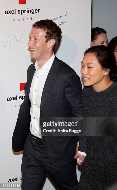 Marc Zuckerberg and his wife Priscilla Chan Zuckerberg arrive to the Axel Springer Award ceremony on February 25, 2016 in Berlin, Germany.
