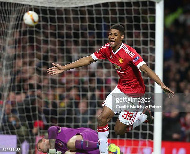 Marcus Rashford of Manchester United celebrates scoring their third goal during the UEFA Europa League match between Manchester United and FC...