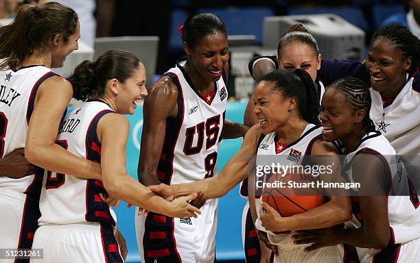 Ruth Riley, Sue Bird, Lisa Leslie, Dawn Staley , Diana Taurasi Shannon Johnson and Yolanda Griffith United States celebrate winning the gold medal in...