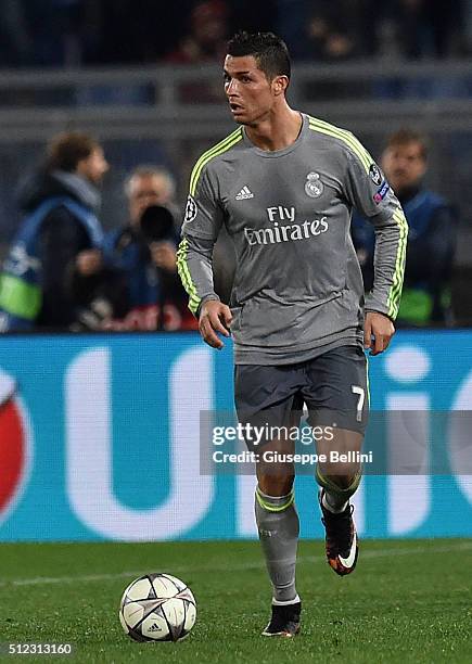 Cristiano Ronaldo of Real Madrid CF in action during the UEFA Champions League Round of 16 First Leg match between AS Roma and Real Madrid CF at...