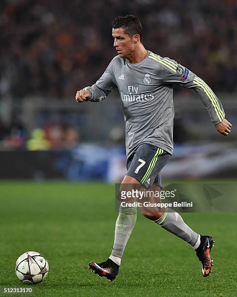 Cristiano Ronaldo of Real Madrid CF in action during the UEFA Champions League Round of 16 First Leg match between AS Roma and Real Madrid CF at...