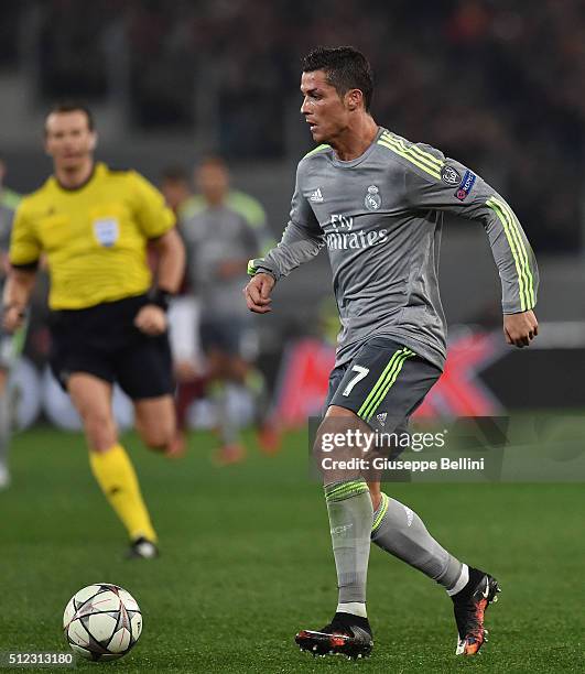 Cristiano Ronaldo of Real Madrid CF in action during the UEFA Champions League Round of 16 First Leg match between AS Roma and Real Madrid CF at...