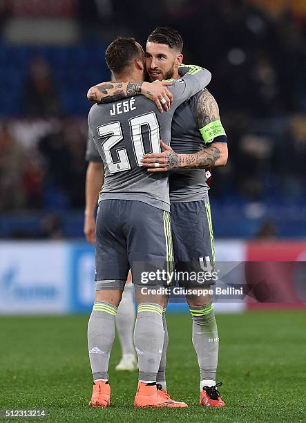 Josè and Sergio Ramos of Real Madrid CF celebrate the victory after the UEFA Champions League Round of 16 First Leg match between AS Roma and Real...