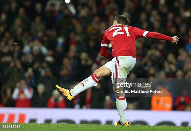 Ander Herrera of Manchester United scores their fourth goal during the UEFA Europa League match between Manchester United and FC Midtjylland at Old...