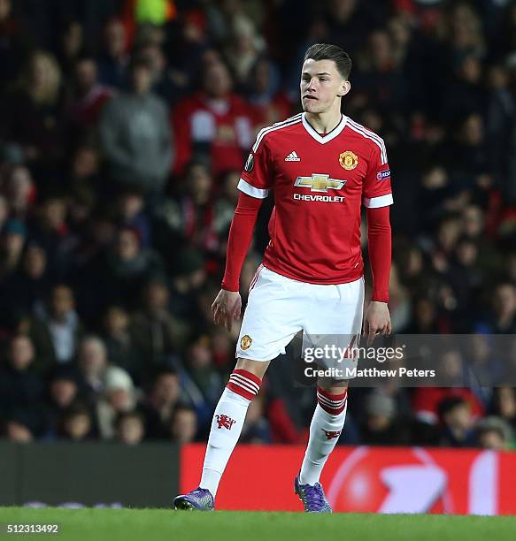 Regan Poole of Manchester United in action during the UEFA Europa League match between Manchester United and FC Midtjylland at Old Trafford on...