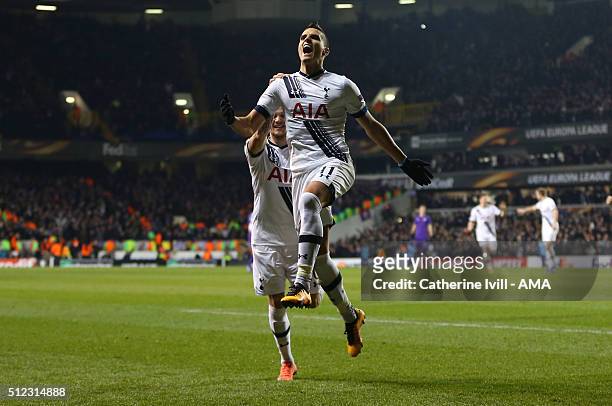 Erik Lamela of Tottenham Hotspur celebrates after he scores to make it 2-0 during the UEFA Europa League match between Tottenham Hotspur and...