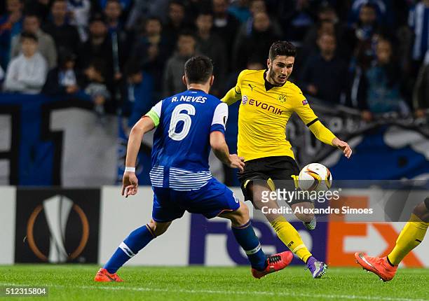 Nuri Sahin of Borussia Dortmund in action against Ruben Neves of FC Porto during the UEFA Europa League Round of 32 Second Leg match between FC Porto...