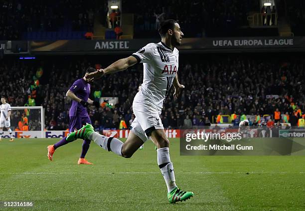 Nacer Chadli of Tottenham celebrate a goal which was disallowed during the UEFA Europa League Round of 32 second leg match between Tottenham Hotspur...