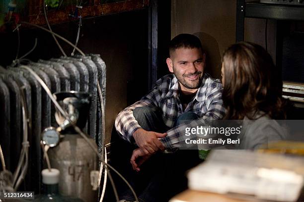 Actors Guillermo Diaz and Katie Lowes are photographed on set of ABC's 'Scandal' for The Hollywood Reporter on March 14, 2013 in Los Angeles,...