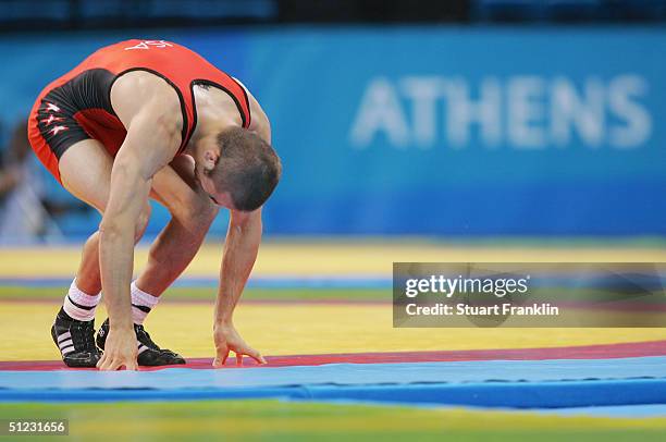 Stephen Abas of United States during his loss against Mavlet Batirov of Russia during the men's Freestyle wrestling 55 kg gold medal match on August...