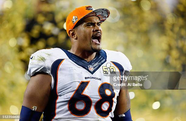 Ryan Harris of the Denver Broncos celebrates their victory over the Carolina Panthers during Super Bowl 50 at Levi's Stadium on February 7, 2016 in...