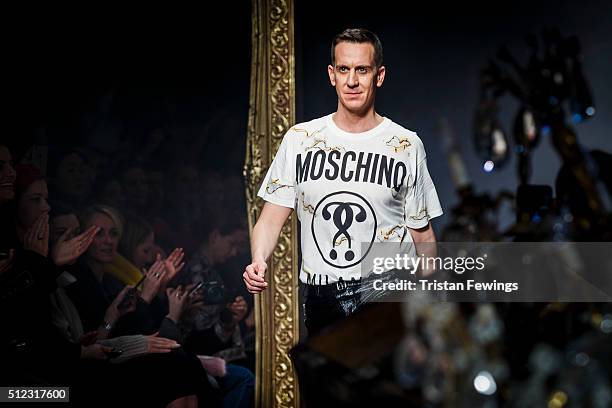 Designer Jeremy Scott walks the runway at the Moschino fashion show during Milan Fashion Week Fall/Winter 2016/17 on February 25, 2016 in Milan,...