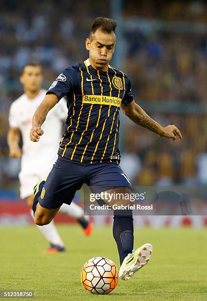 Cesar Delgado of Rosario Central kicks the ball during a group stage match between Rosario Central and Nacional as part of Copa Bridgestone...