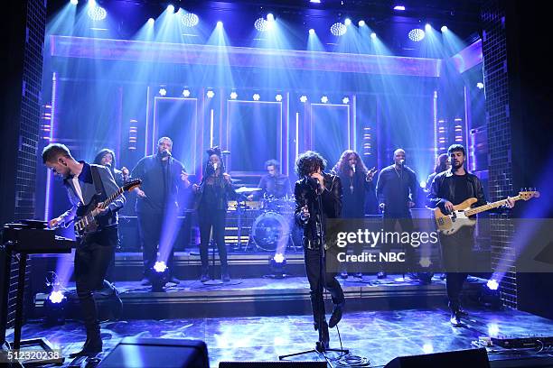 Episode 0425 -- Pictured: Adam Hann, George Daniel, Matthew Healy, and Ross MacDonald of musical guest The 1975 perform on February 25, 2016 --