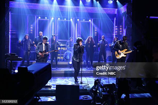 Episode 0425 -- Pictured: Adam Hann, George Daniel, Matthew Healy, and Ross MacDonald of musical guest The 1975 perform on February 25, 2016 --