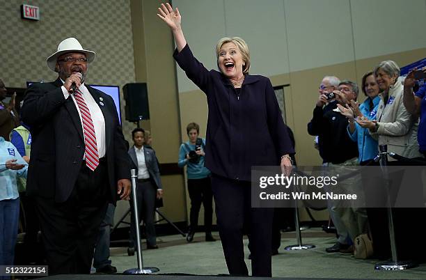 Democratic presidential candidate Hillary Clinton arrives for a rally February 25, 2016 in Myrtle Beach, South Carolina. The Democratic primary in...