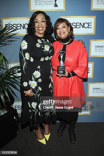 Writer/producer Shonda Rhimes and honoree Debbie Allen pose with an award during the 2016 ESSENCE Black Women In Hollywood awards luncheon at the...