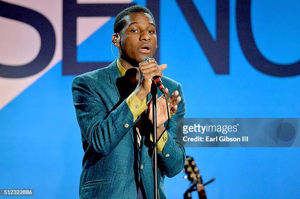 Recording artist Leon Bridges speaks onstage during the 2016 ESSENCE Black Women In Hollywood awards luncheon at the Beverly Wilshire Four Seasons...
