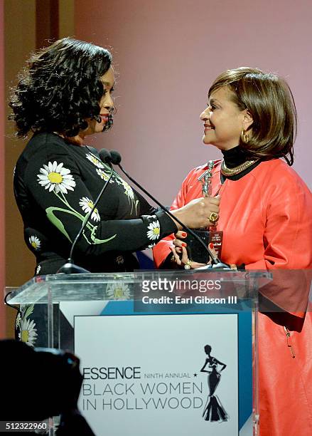 Writer/producer Shonda Rhimes presents the Legend Award to honoree Debbie Allen onstage during the 2016 ESSENCE Black Women In Hollywood awards...
