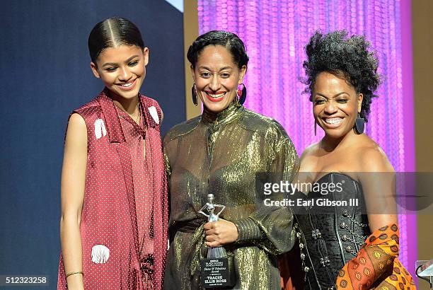 Actress/singer Zendaya, actress Tracee Ellis Ross, and actress Rhonda Ross Kendrick onstage during the 2016 ESSENCE Black Women In Hollywood awards...
