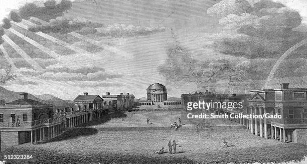 Engraving of the University of Virginia campus, sun shinning through the clouds, people in the center, by Benjamin Tanner, 1826. From the New York...