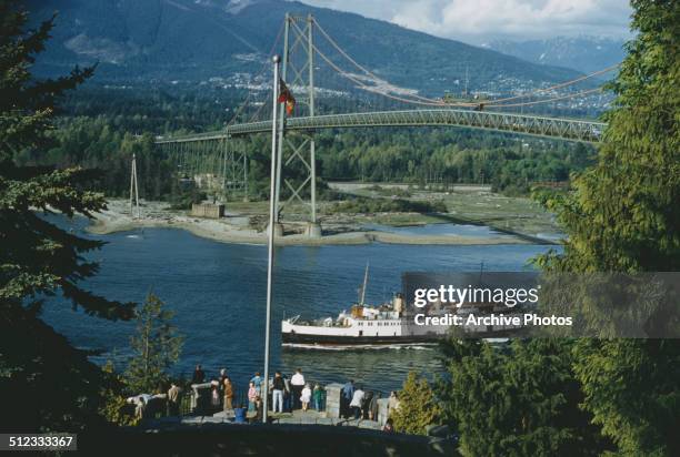 The Lions Gate Bridge across Burrard Inlet in Vancouver, British Columbia, Canada, circa 1960.