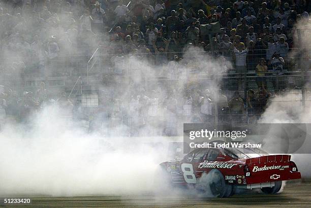 Driver Dale Earnhardt Jr. Of the Earnhardt Racing Chevrolet celebrates after winning the NASCAR Nextel Cup Series Sharpie 500 on August 27, 2004 at...