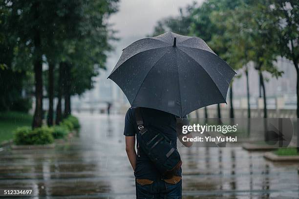 rear view of male holding umbrella in rainy city - rain stockfoto's en -beelden