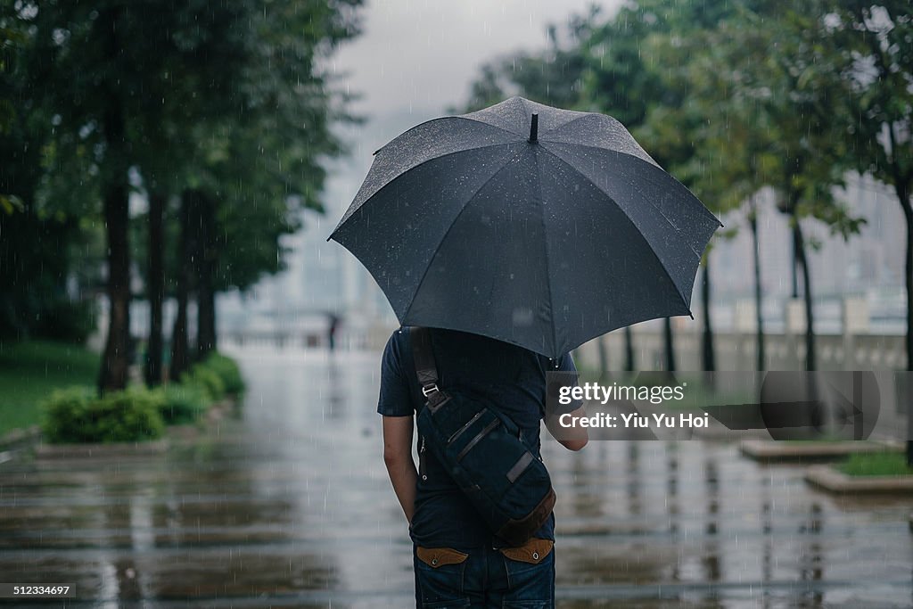 Rear view of male holding umbrella in rainy city