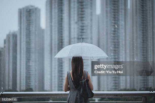 businesswoman overlooking cityscape on a rainy day - umbrella rain stock-fotos und bilder