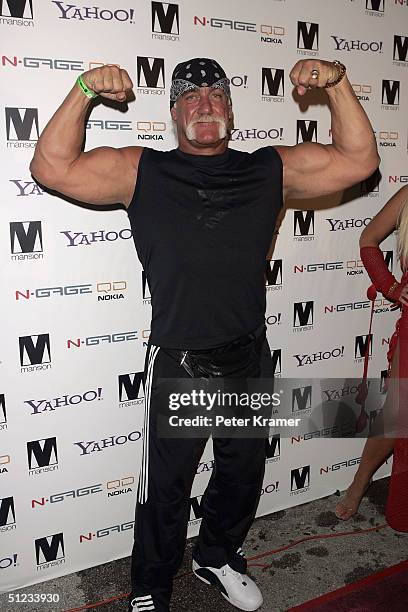 Wrestler Hulk Hogan arrives at a party for photographer David LaChapelle At Mansion nightclub August 28, 2004 in Miami, Florida.