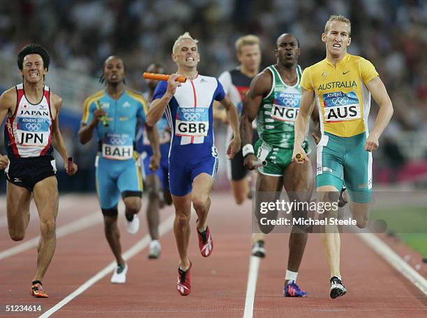Clinton Hill of Australia sprints to the finish line in the men's 4 x 400 metre relay final on August 28, 2004 during the Athens 2004 Summer Olympic...