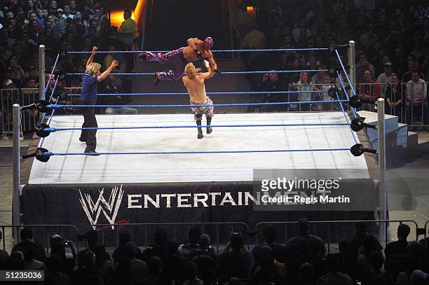 Wrestlers Spike Dudley and Rey Mysterio in action at the WWE SmackDown ! Superstars: Return of the Deadman Tour at Vodafone Arena August 29, 2004 in...