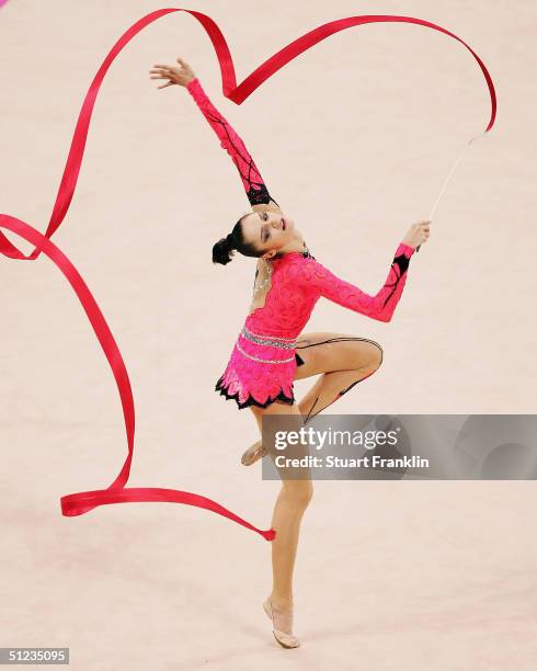 Anna Bessonova of the Ukraine performs during the rhythmic gymnastics individual finals on August 29, 2004 during the Athens 2004 Summer Olympic...