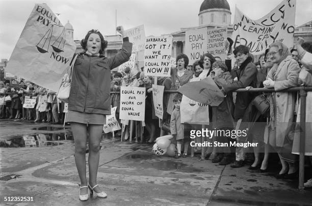 Pauline Bercker has travelled from Leeds to join an equal pay for women demonstration in Trafalgar Square, London, 18th May 1969.