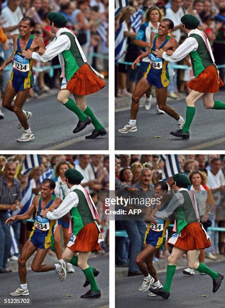 Vanderlei Lima of Brazil is attacked by an Irish protestor in the latter stages of the marathon, the final event of the Olympic Games in Athens, 29...