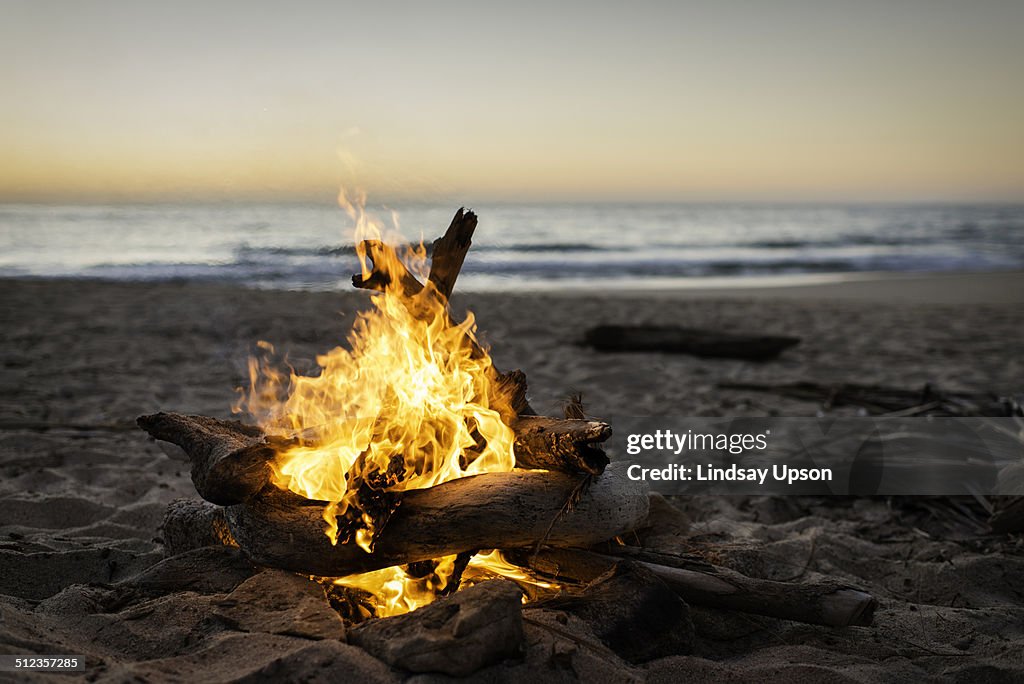 Bonfire burning on beach