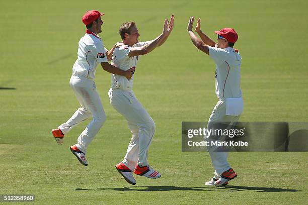 Joe Mennie of the Redbacks celebrates with his team mates after taking the wicket of Ben Rohrer of the Blues during day two of the Sheffield Shield...