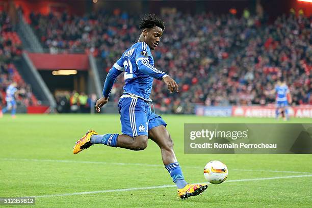 Michy Batshuayi of Marseille in action during the UEFA Europa League Football round of 32 second leg match between Athletic Bilbao and Olympique de...