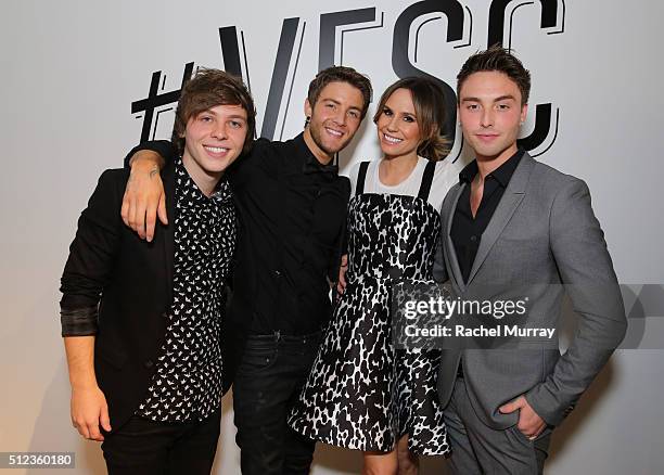 Emblem3 and Keltie Knight, The Insider pose onstage after their panel 'How Social Is ChangingThe Business of Music' during the 2016 Vanity Fair...