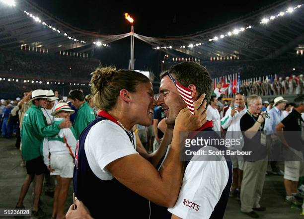 Sarah Jones and Jeff Donaldson of USA are seen during the closing ceremony of the Athens 2004 Summer Olympic Games on August 29, 2004 at the Sports...