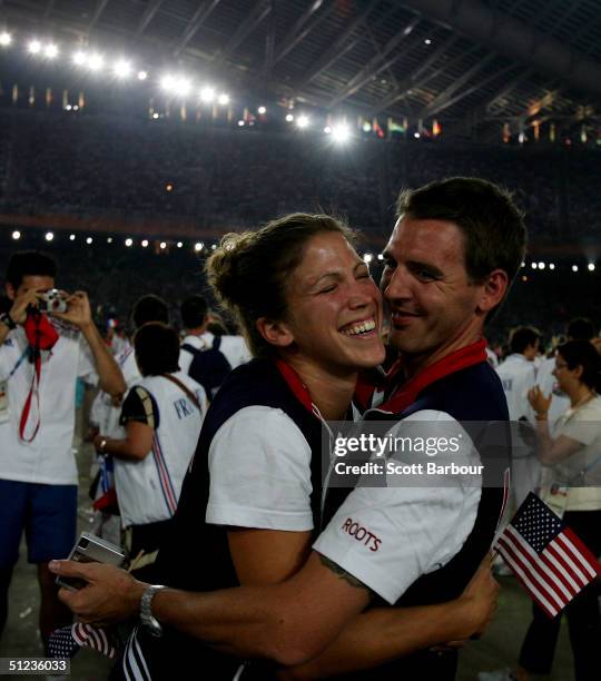 Sarah Jones and Jeff Donaldson of USA are seen during the closing ceremony of the Athens 2004 Summer Olympic Games on August 29, 2004 at the Sports...